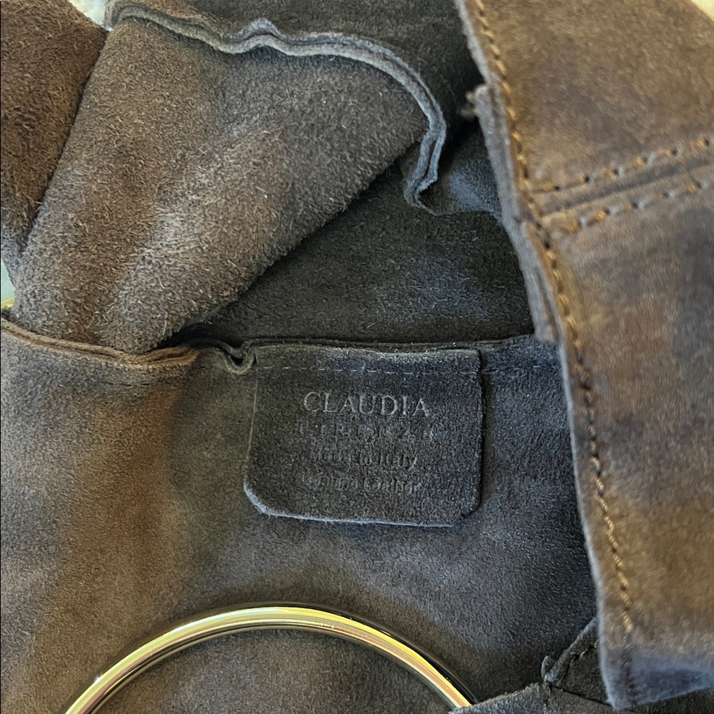 Claudia Firenze Suede Crossbody Slouchy Hobo Tote Bag Chocolate Brown Gold Ring - Picture 7 of 16